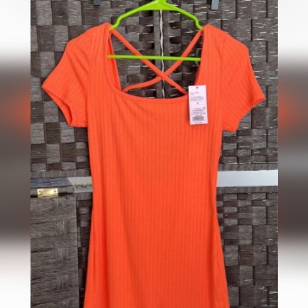 Womens Orange  Short Sleeve Lace Up Back Fitted Romper - Picture 6 of 6